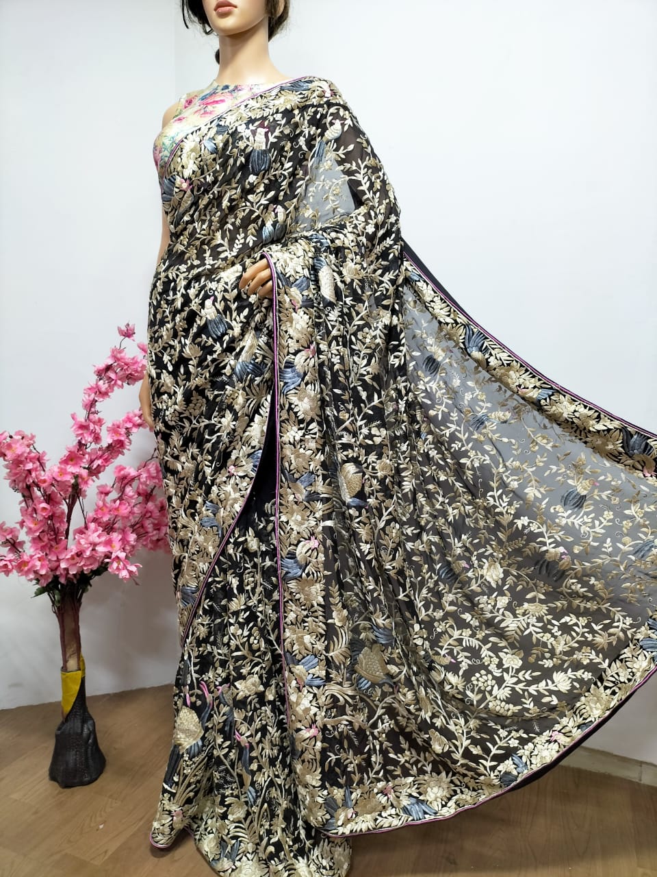 Black Hand Embroidered Parsi Gara Georgette Floral And Bird Design Saree - Luxurion World