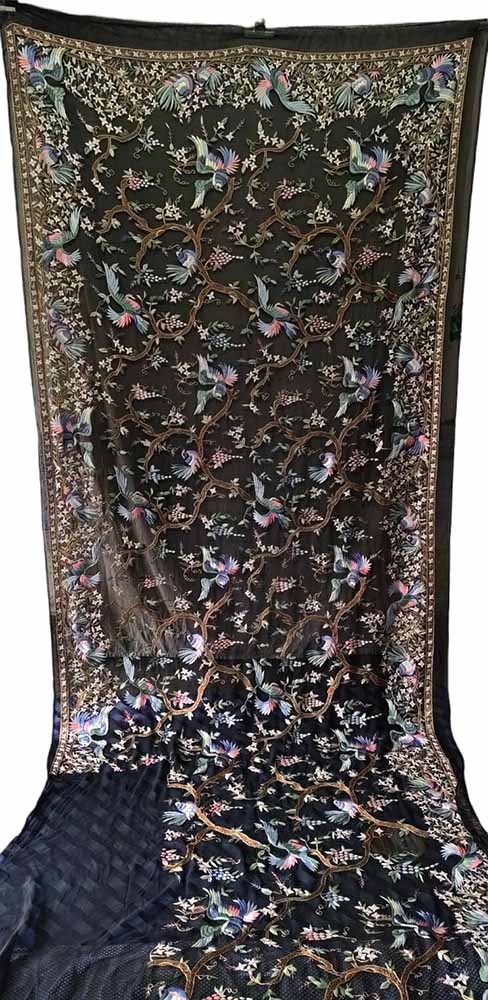 Black Hand Embroidered Parsi Gara Pure Georgette Bird Design Saree - Luxurion World