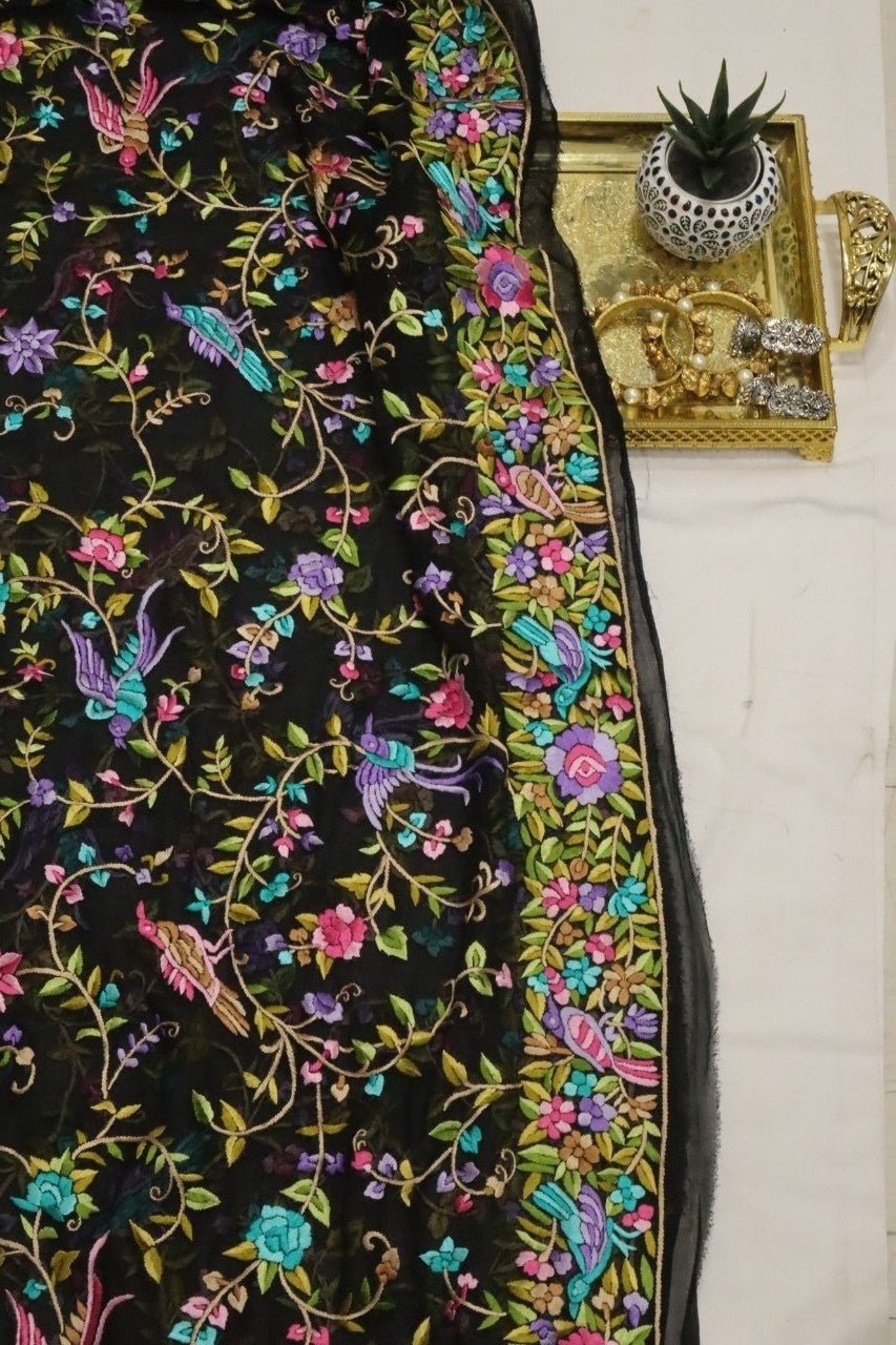 Black Hand Embroidered Parsi Gara Pure Georgette Dupatta - Luxurion World