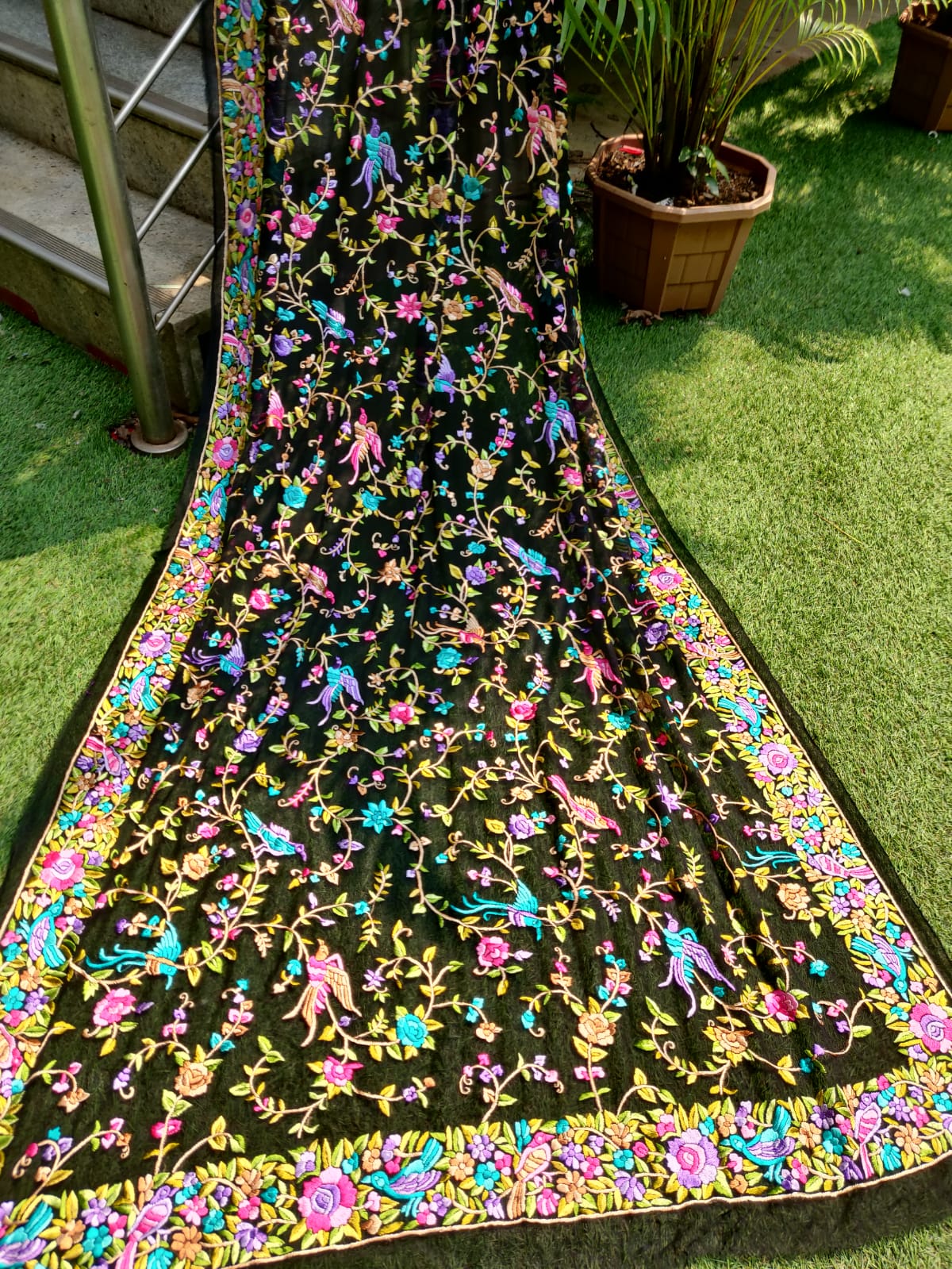 Black Hand Embroidered Parsi Gara Pure Georgette Dupatta - Luxurion World