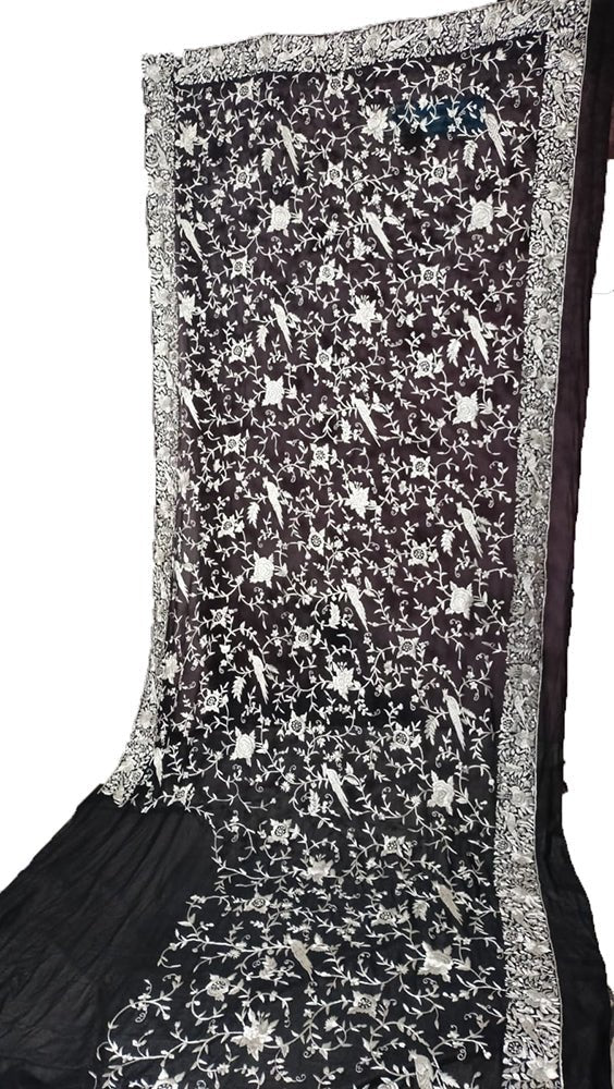 Black Hand Embroidered Parsi Gara Pure Georgette Floral And Bird Design Saree - Luxurion World