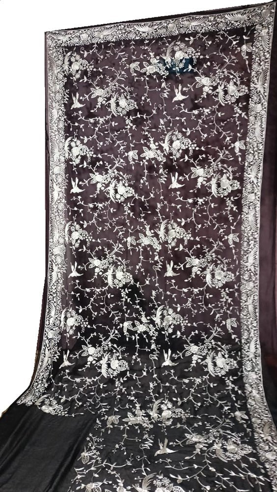 Black Hand Embroidered Parsi Gara Pure Georgette Floral And Bird Design Saree - Luxurion World