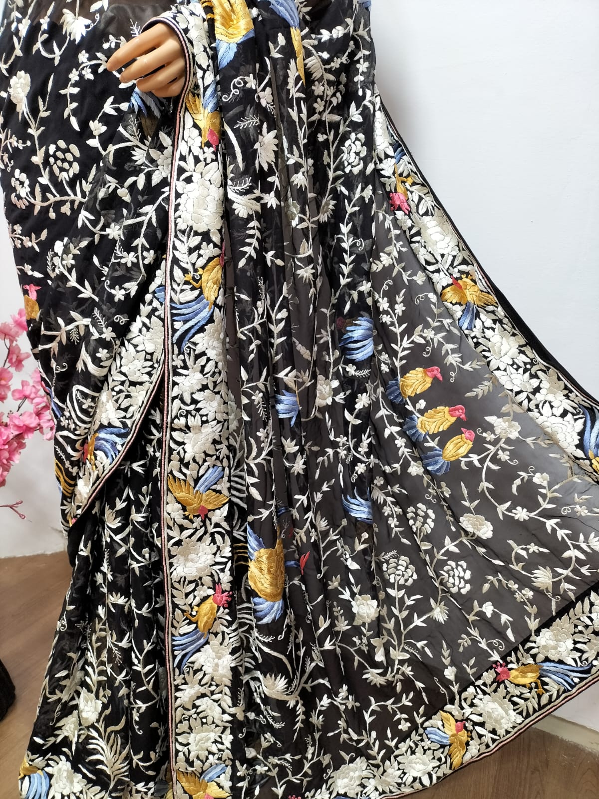 Black Hand Embroidered Parsi Gara Pure Georgette Floral And Bird Design Saree - Luxurion World