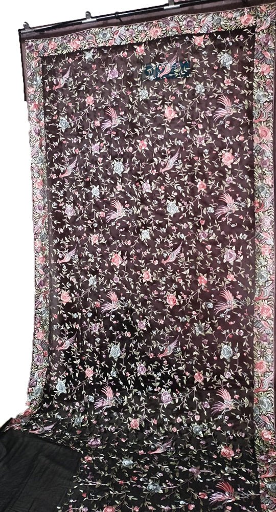 Black Hand Embroidered Parsi Gara Pure Georgette Floral And Bird Design Saree - Luxurion World