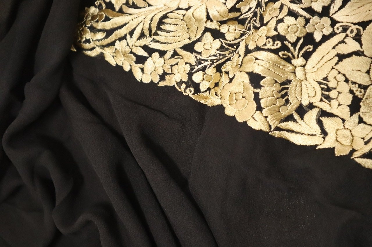 Black Hand Embroidered Parsi Gara Pure Georgette Saree - Luxurion World