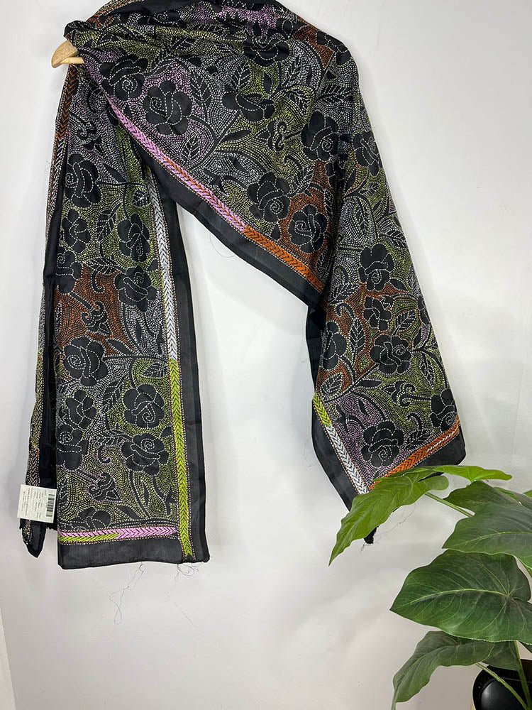 Black Hand Embroidered Reverse Kantha Pure Bangalore Silk Stole - Luxurion World