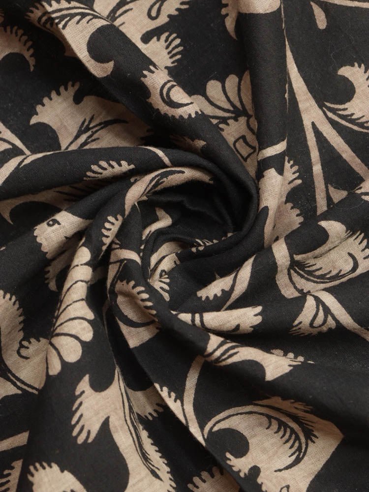 Black Hand Painted Kalamkari Pure Cotton Fabric ( 0.8 Mtr ) - Luxurion World