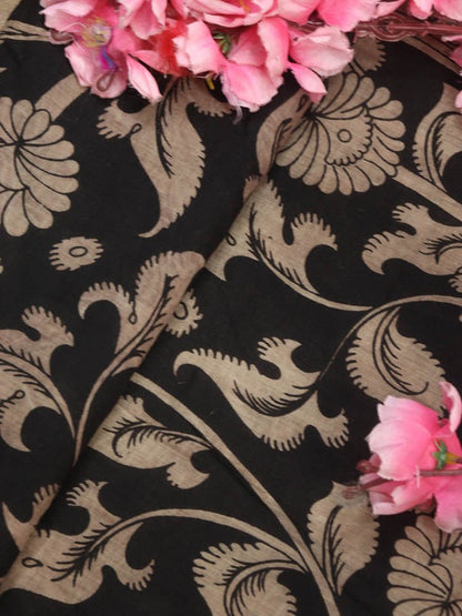 Black Hand Painted Kalamkari Pure Cotton Fabric ( 0.8 Mtr ) - Luxurion World