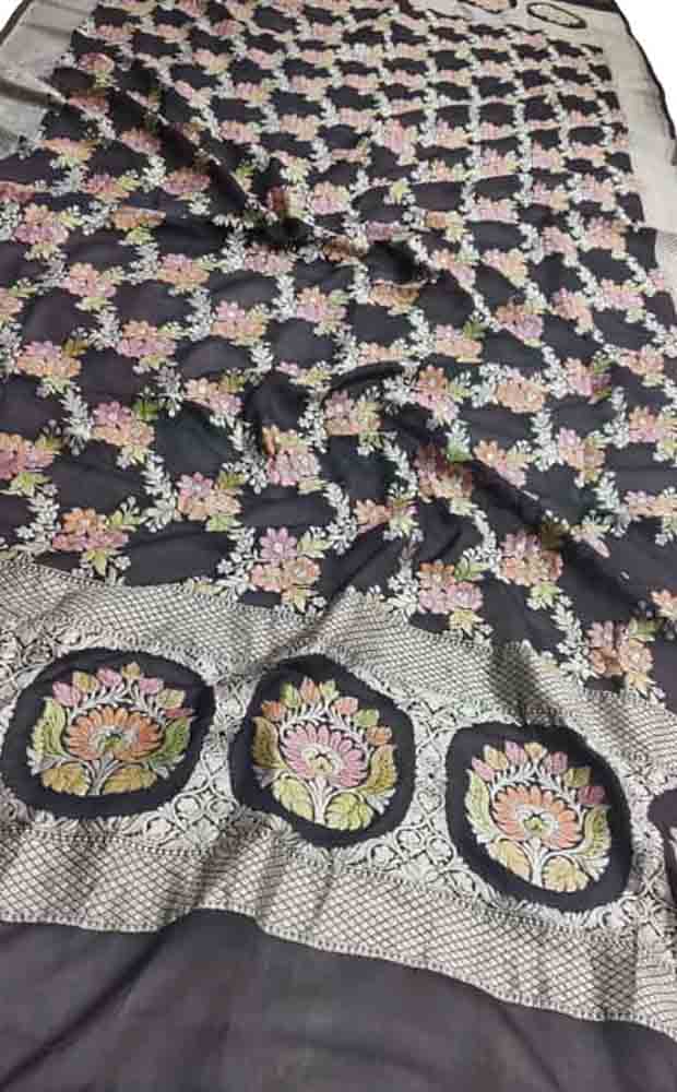 Black Handloom Banarasi Brush Dye Pure Georgette Dupatta - Luxurion World