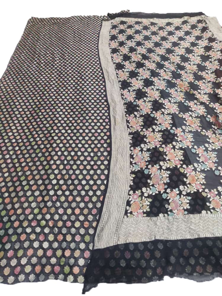 Black Handloom Banarasi Pure Georgette Brush Dyed Suit - Luxurion World