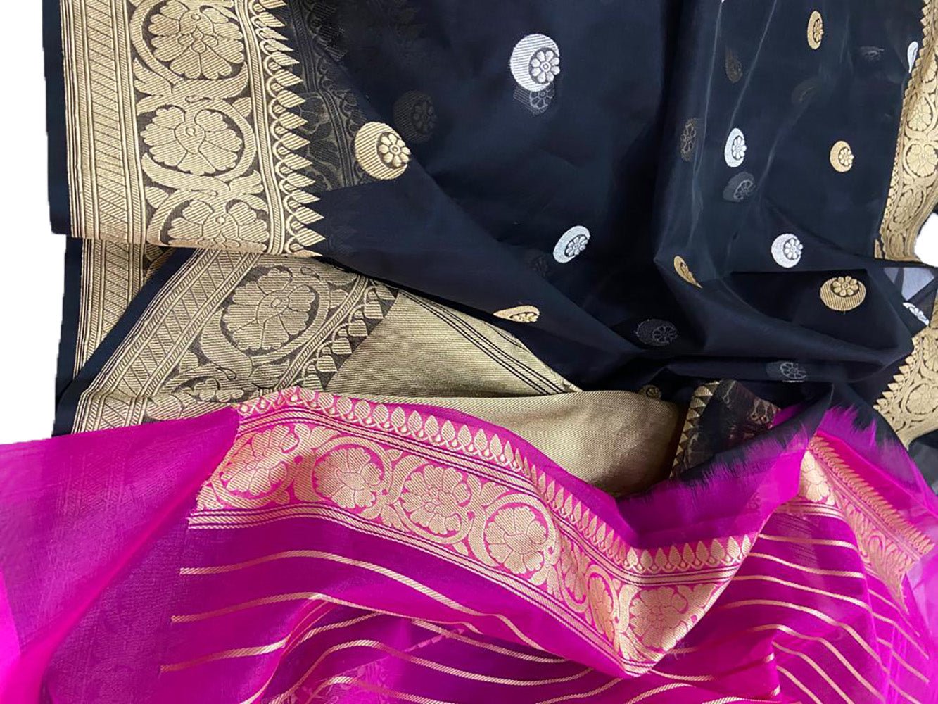 Black Handloom Banarasi Pure Kora Organza Silk Chand Boota Sona Roopa Saree - Luxurion World