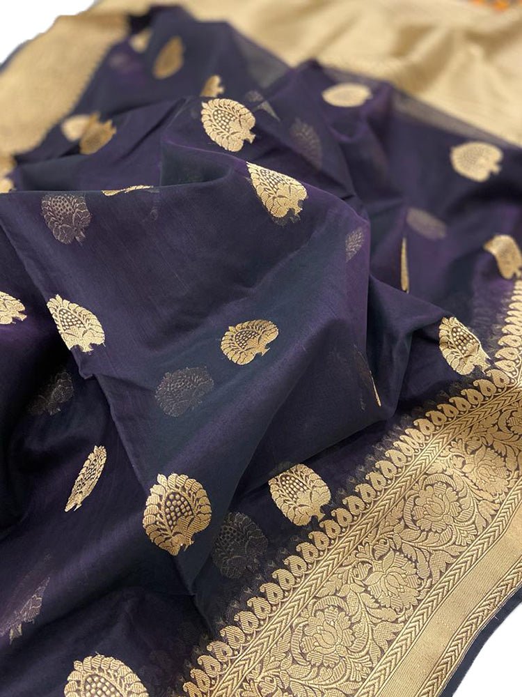 Black Handloom Banarasi Pure Kora Organza Silk Saree - Luxurion World