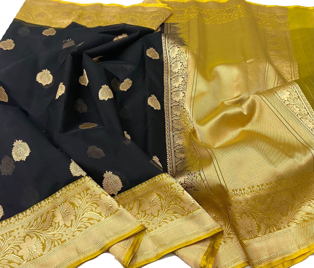 Black Handloom Banarasi Pure Kora Silk Saree - Luxurion World