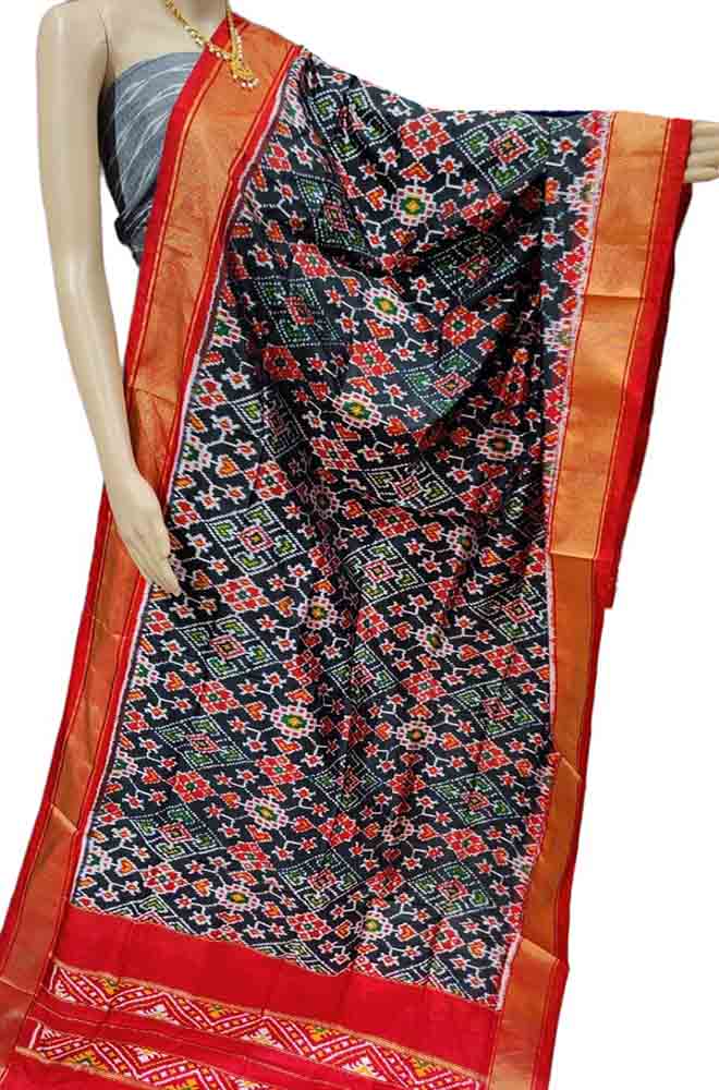 Black Handloom Ikat Pure Silk Dupatta - Luxurion World