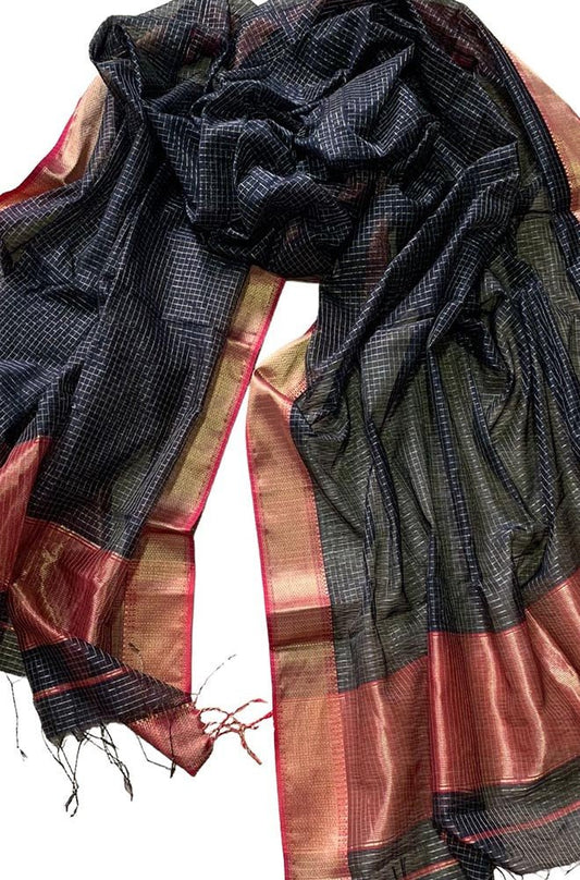 Black Handloom Maheshwari Silk Cotton Dupatta - Luxurion World