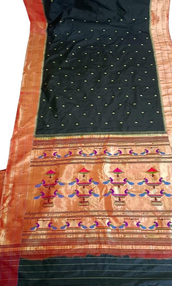 Black Handloom Paithani Pure Silk Triple Muniya Border Peacock Design Saree - Luxurion World