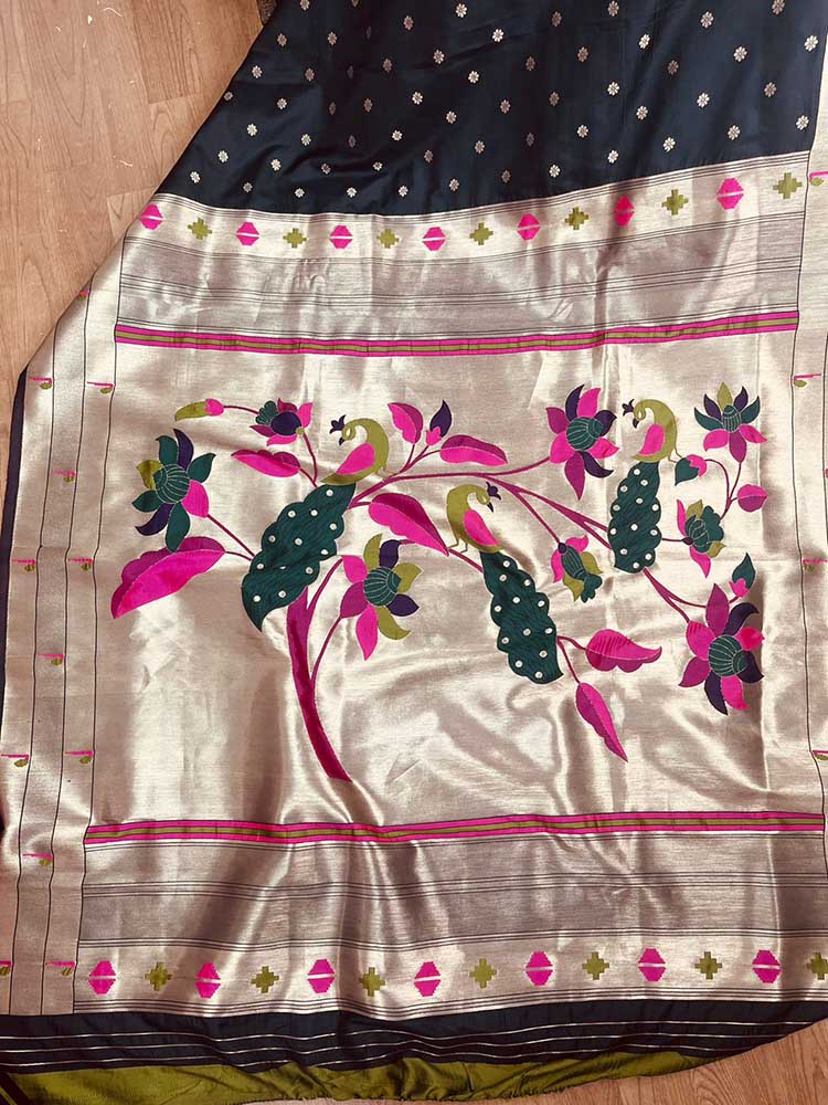 Black Paithani Silk Bird And Flower Design Muniya Border Saree - Luxurion World