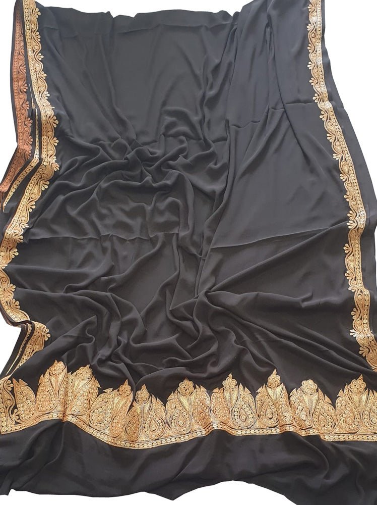 Black Plain Embroidered Kashmiri Tila Work Crepe Saree - Luxurion World