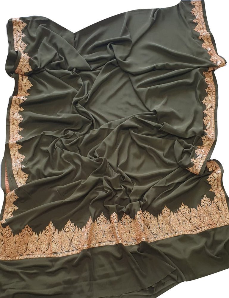 Black Plain Embroidered Kashmiri Tila Work Crepe Saree - Luxurion World