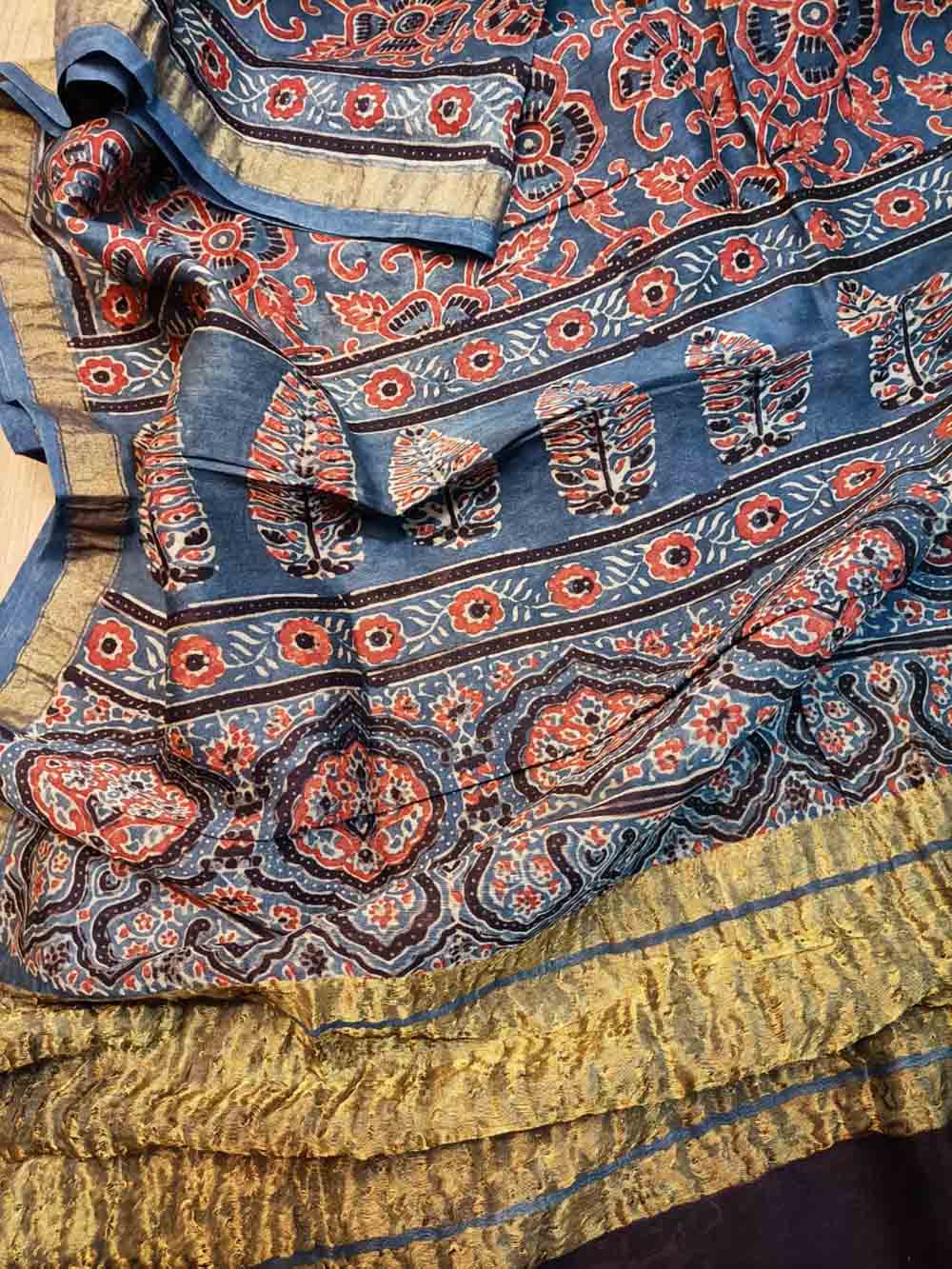 Blue Ajrakh Block Printed Chanderi Silk Tissue Border Dupatta - Luxurion World