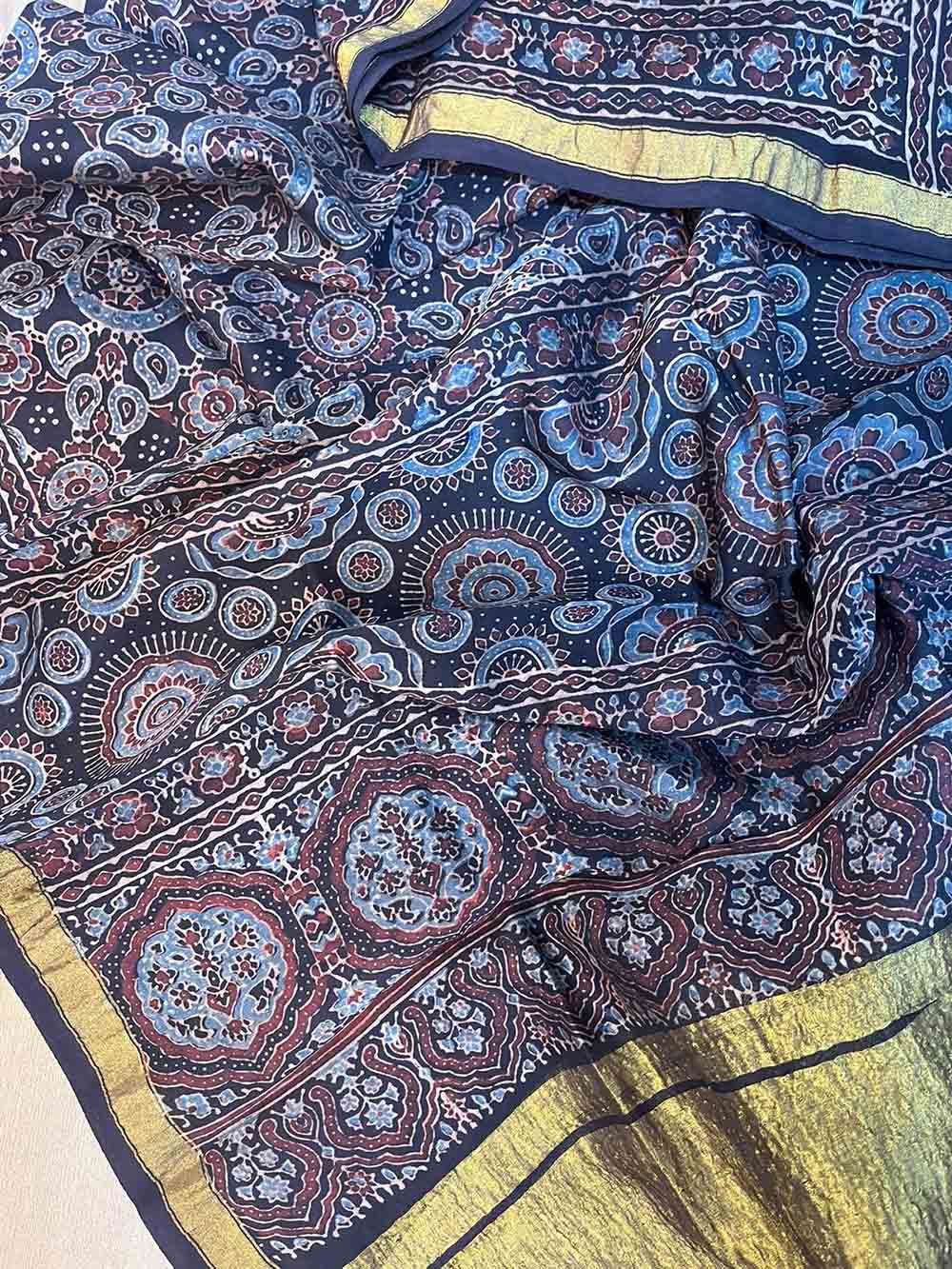 Blue Ajrakh Block Printed Chanderi Silk Tissue Border Dupatta - Luxurion World