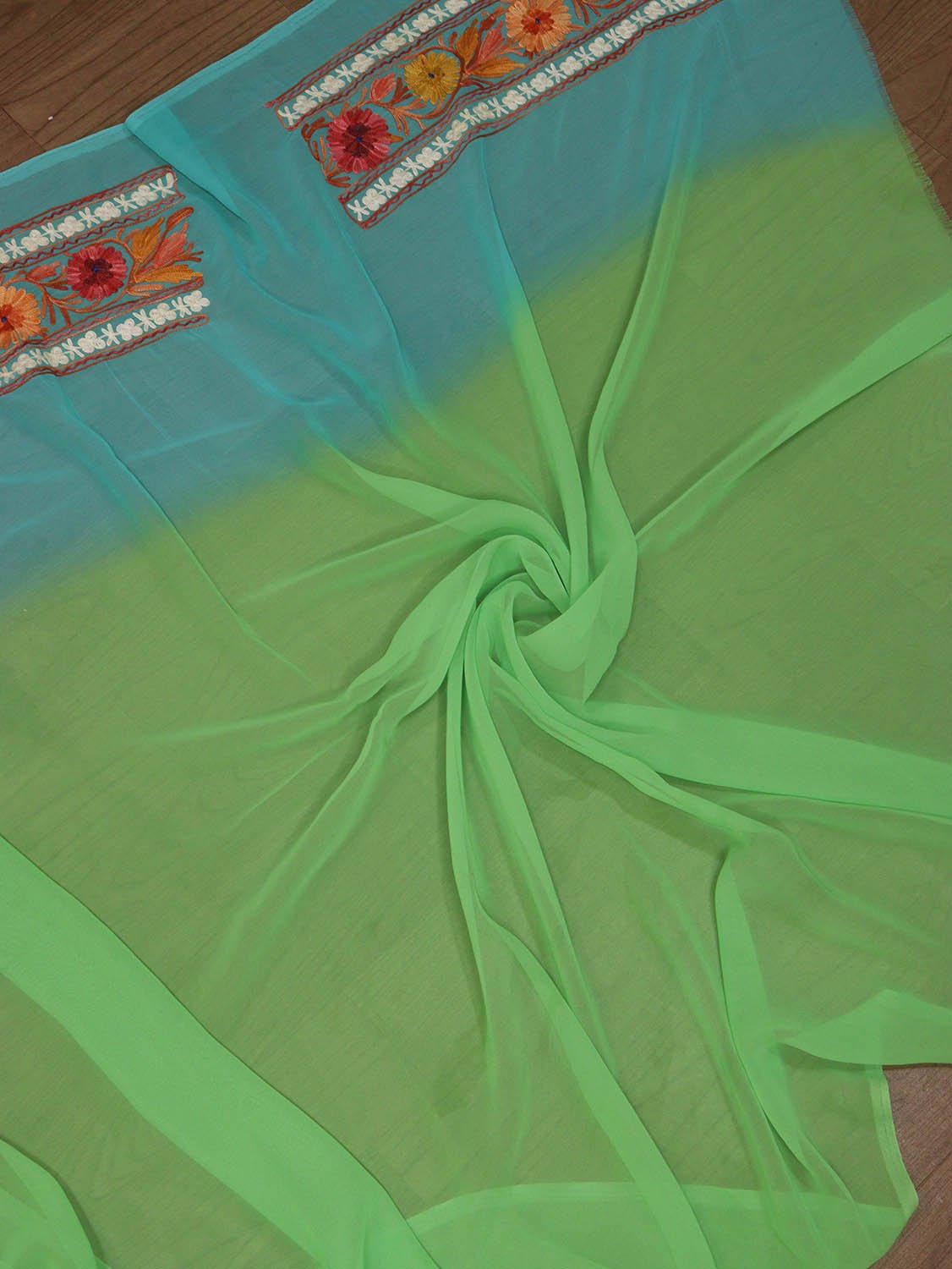 Blue And Green Embroidered Kashmiri Aari Work Georgette Saree - Luxurion World