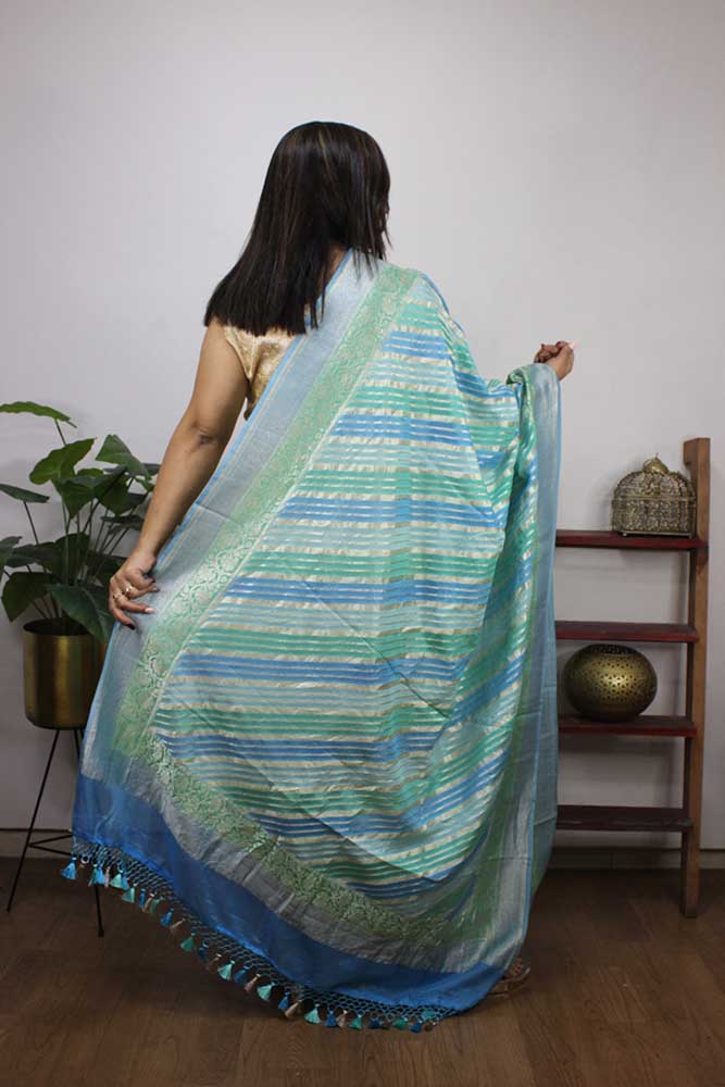 Blue And Green Handloom Banarasi Pure Georgette Brush Dye Dupatta - Luxurion World