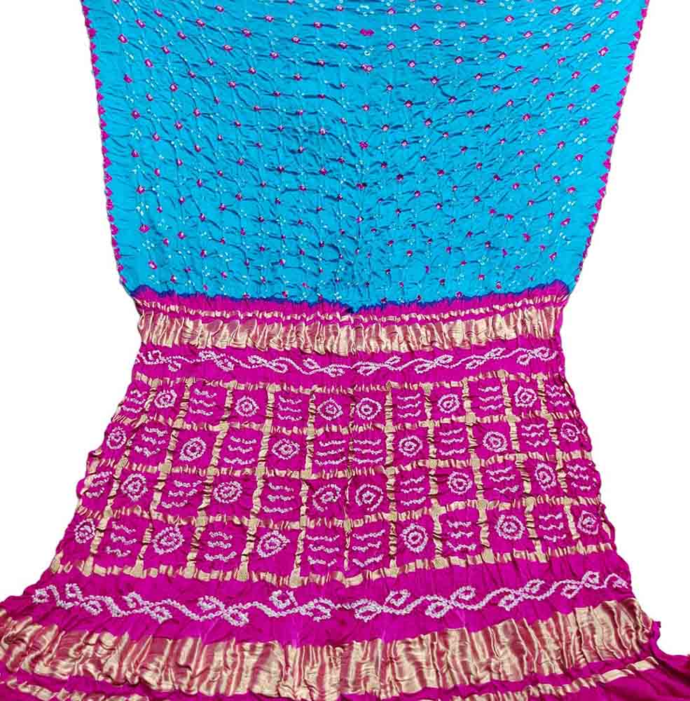 Blue And Pink Checks Bandhani Gajji Silk Gharchola Saree - Luxurion World