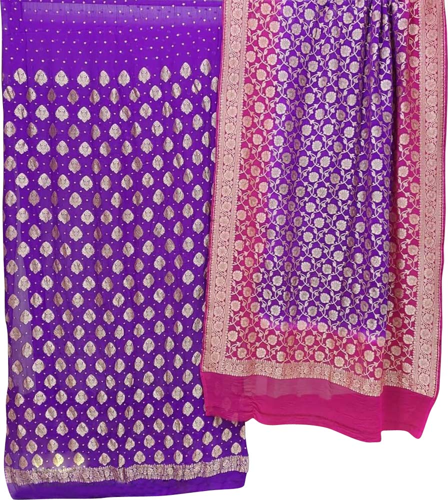 Blue And Purple Shot Banarasi Pure Georgette Two Piece Unstitched Leaf Design Suit Set - Luxurion World