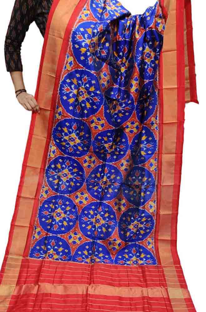 Blue And Red Handloom Ikat Pure Silk Dupatta - Luxurion World
