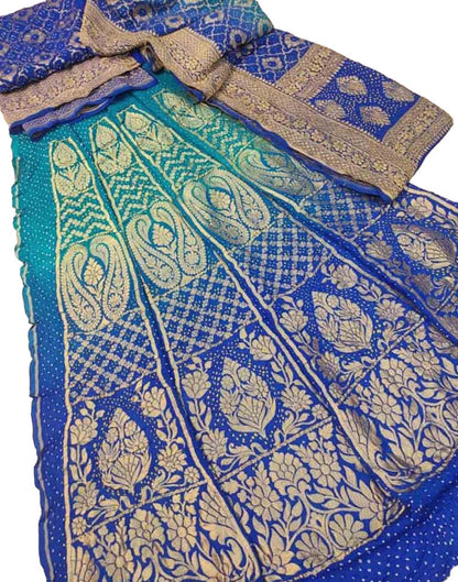 Blue Banarasi Bandhani Pure Georgette Neemzari Unstitched Lehenga Set - Luxurion World