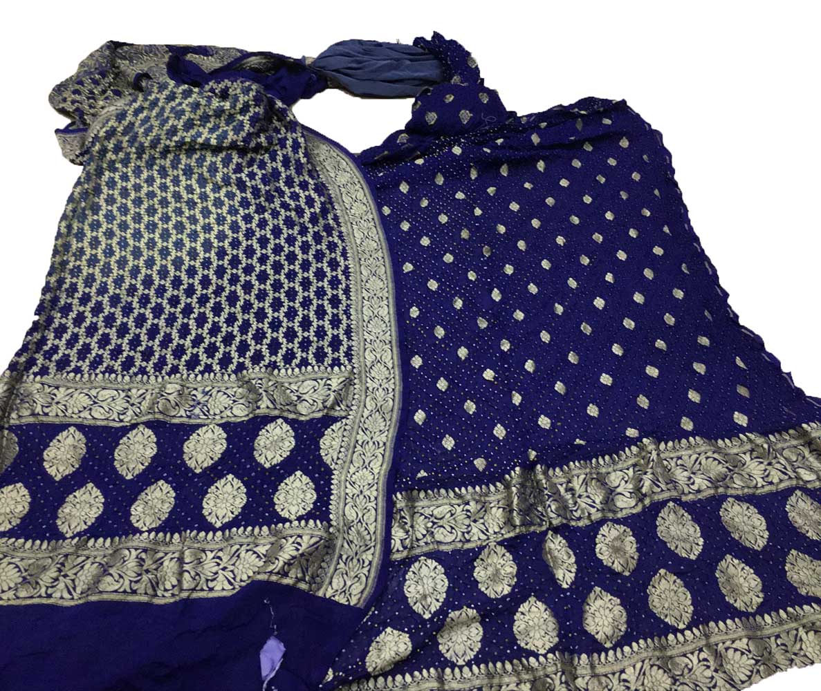 Blue Banarasi Bandhani Pure Georgette Three Piece Unstitched Suit Set - Luxurion World