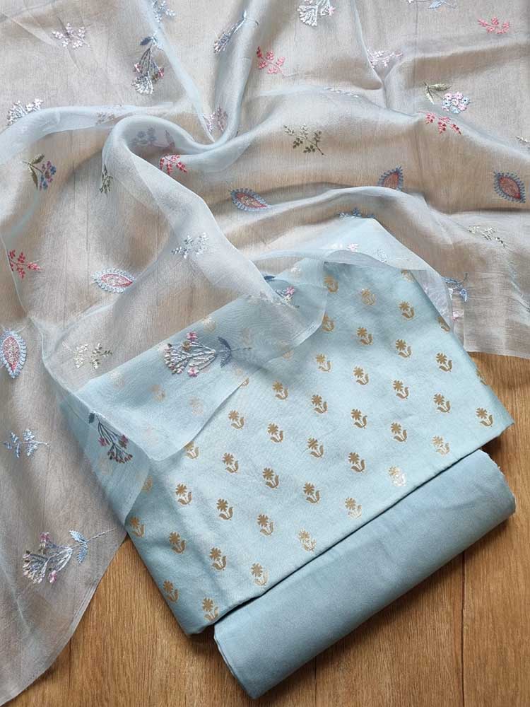 Blue Banarasi Chiniya Silk Three Piece Unstitched Suit Set - Luxurion World