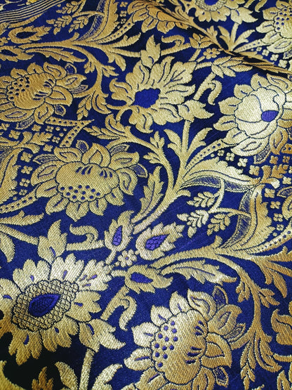 Blue Banarasi Kimkhwab Silk Meenakari Fabric  ( 0.5 Mtr ) - Luxurion World