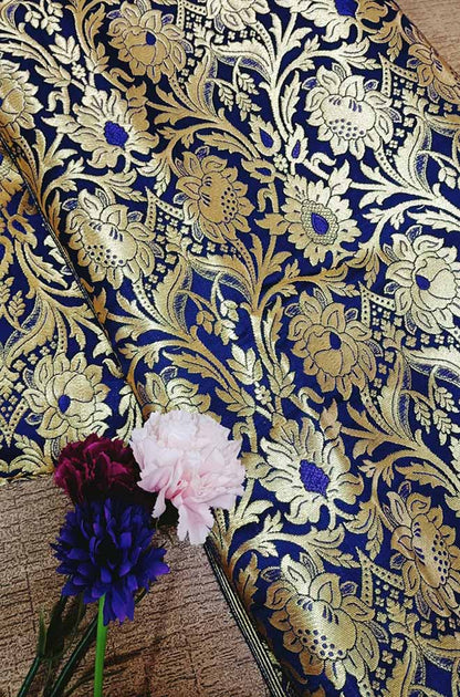 Blue Banarasi Kimkhwab Silk Meenakari Fabric  ( 0.5 Mtr ) - Luxurion World