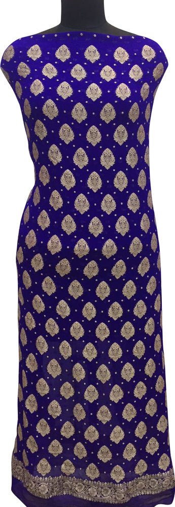 Blue Banarasi Pure Georgette Two Piece Unstitched Leaf Design Suit Set - Luxurion World