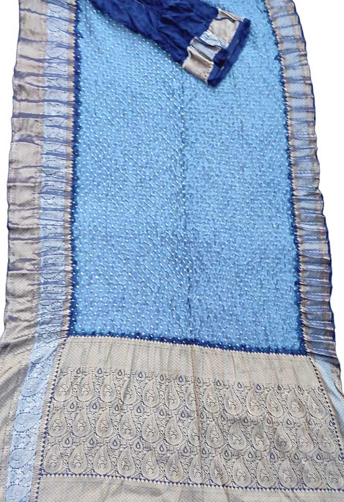 Blue Bandhani Pure Silk Kanjeevaram Border Saree - Luxurion World
