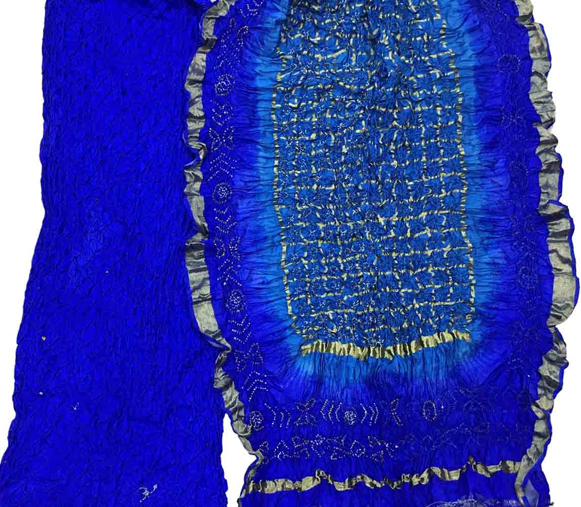 Blue Bandhani Pure Silk Three Piece Unstitched Suit Set - Luxurion World