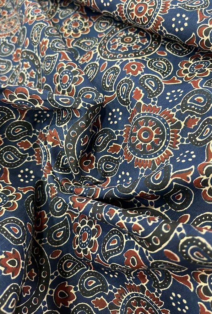 Blue Block Printed Cotton Fabric ( 1 Mtr ) - Luxurion World