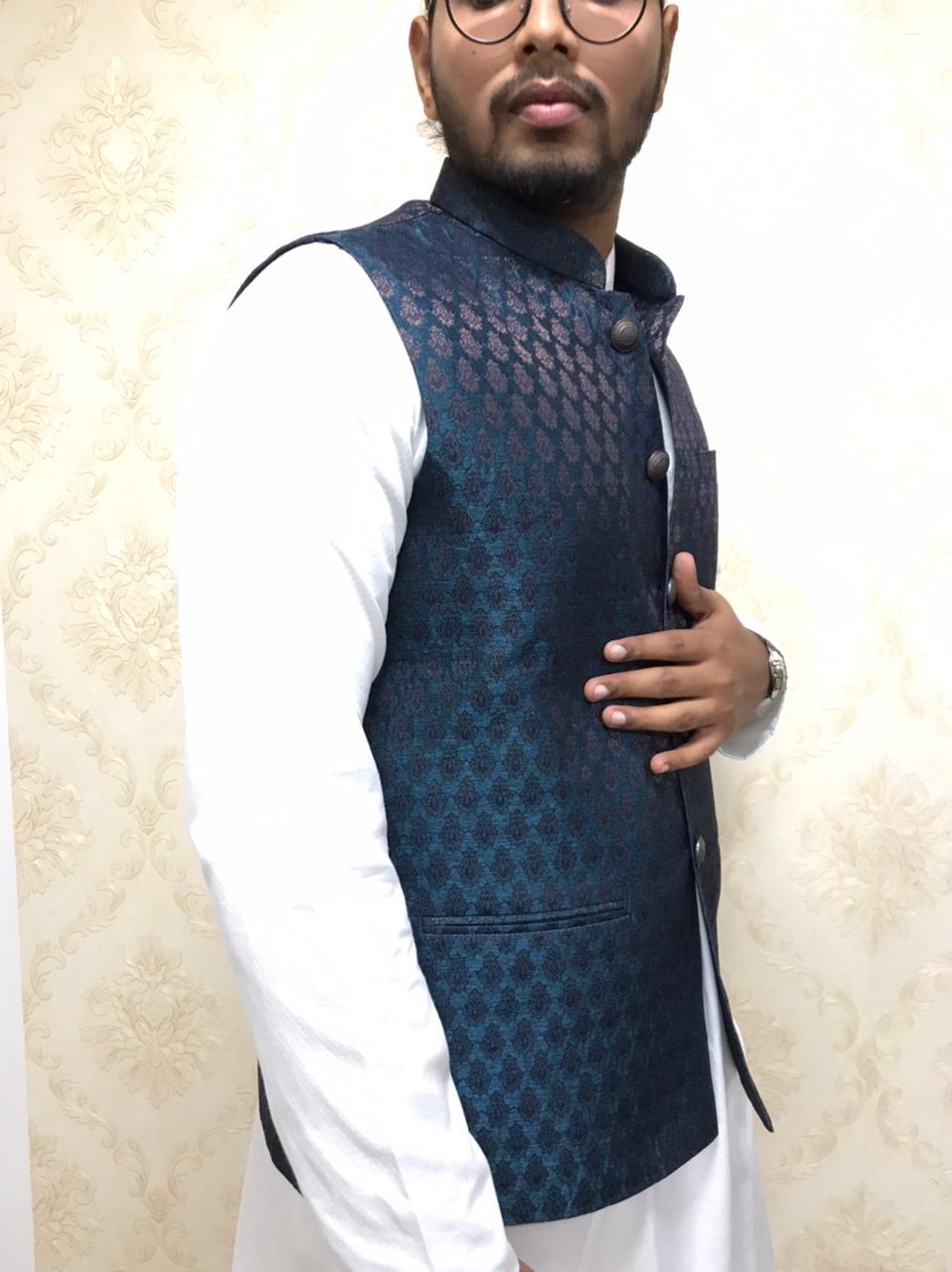 Blue Cotton Silk Nehru Jacket - Luxurion World