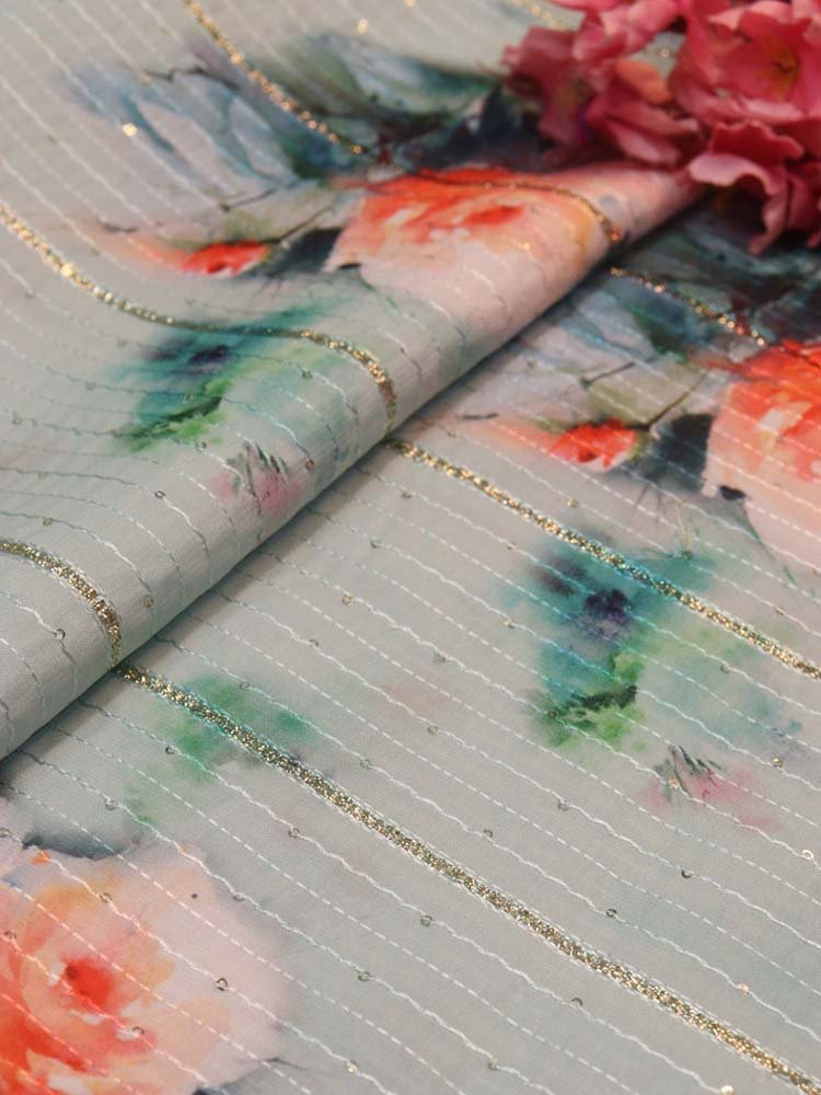Blue Digital Printed Crepe Sequins Work Fabric (1 Mtr) - Luxurion World