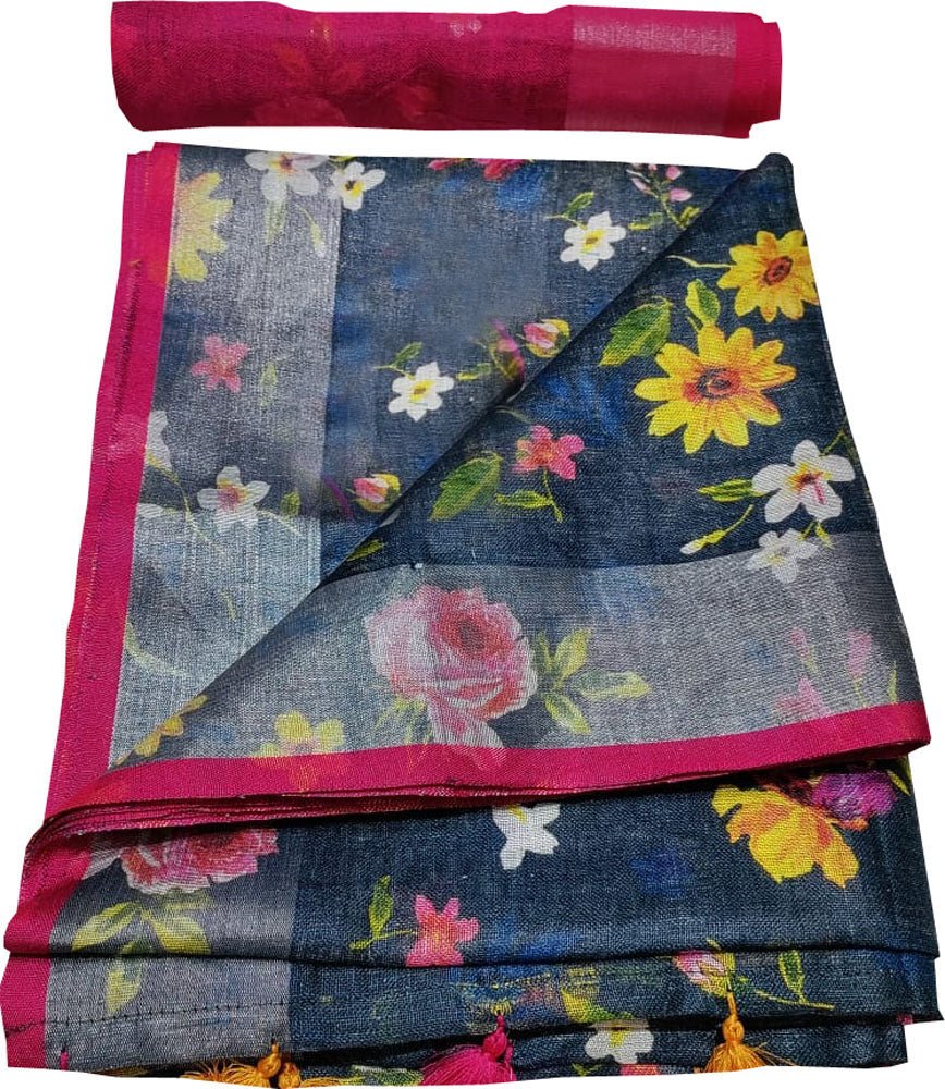 Blue Digital Printed Linen Floral Design Saree - Luxurion World