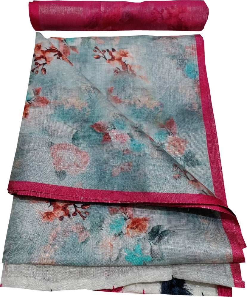 Blue Digital Printed Linen Floral Design Saree - Luxurion World