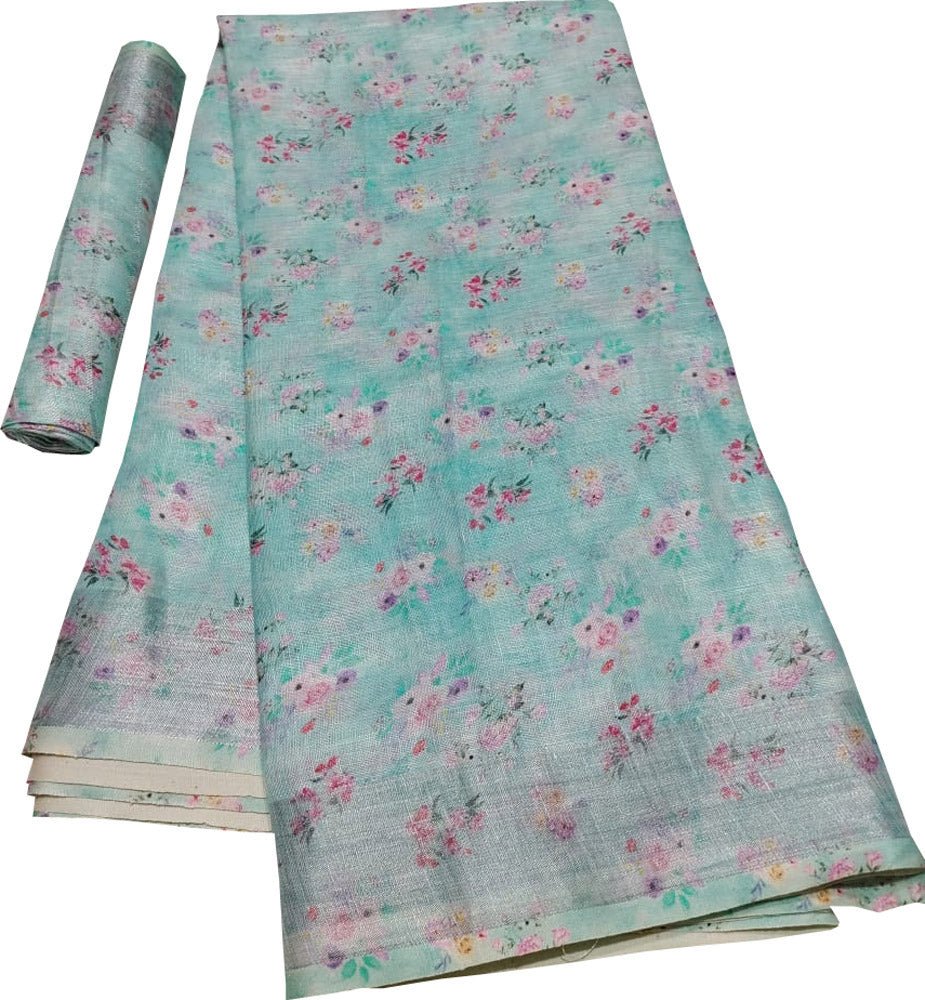 Blue Digital Printed Linen Floral Design Saree - Luxurion World