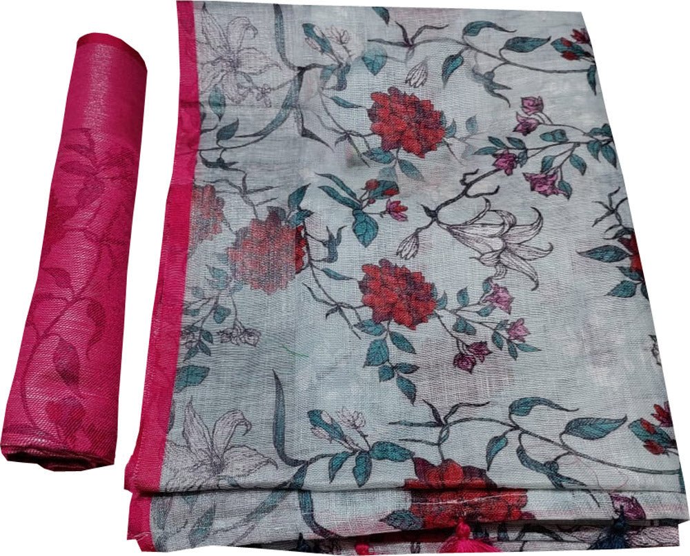 Blue Digital Printed Linen Floral Design Saree - Luxurion World