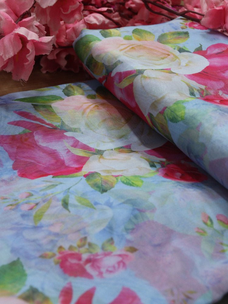Blue Digital Printed Organza Silk Floral Design Fabric ( 1 Mtr ) - Luxurion World