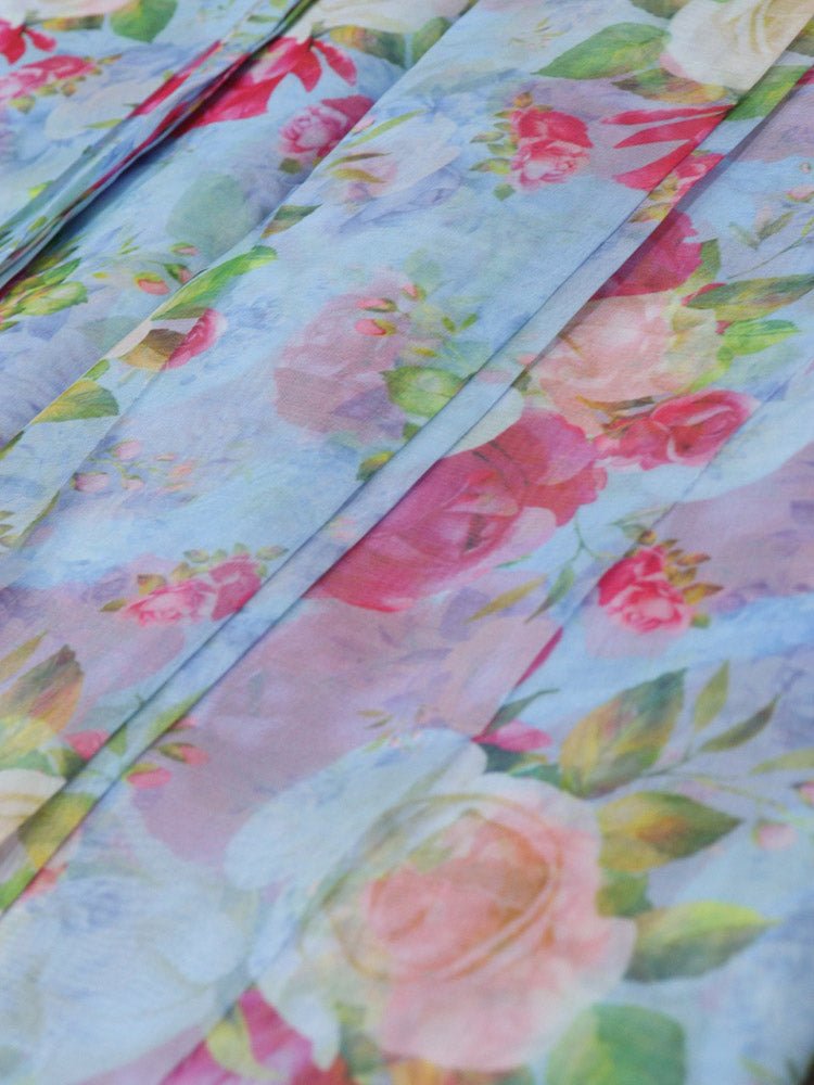 Blue Digital Printed Organza Silk Floral Design Fabric ( 1 Mtr ) - Luxurion World