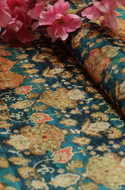 Blue Digital Printed Tussar Silk Fabric (1 Mtr) - Luxurion World