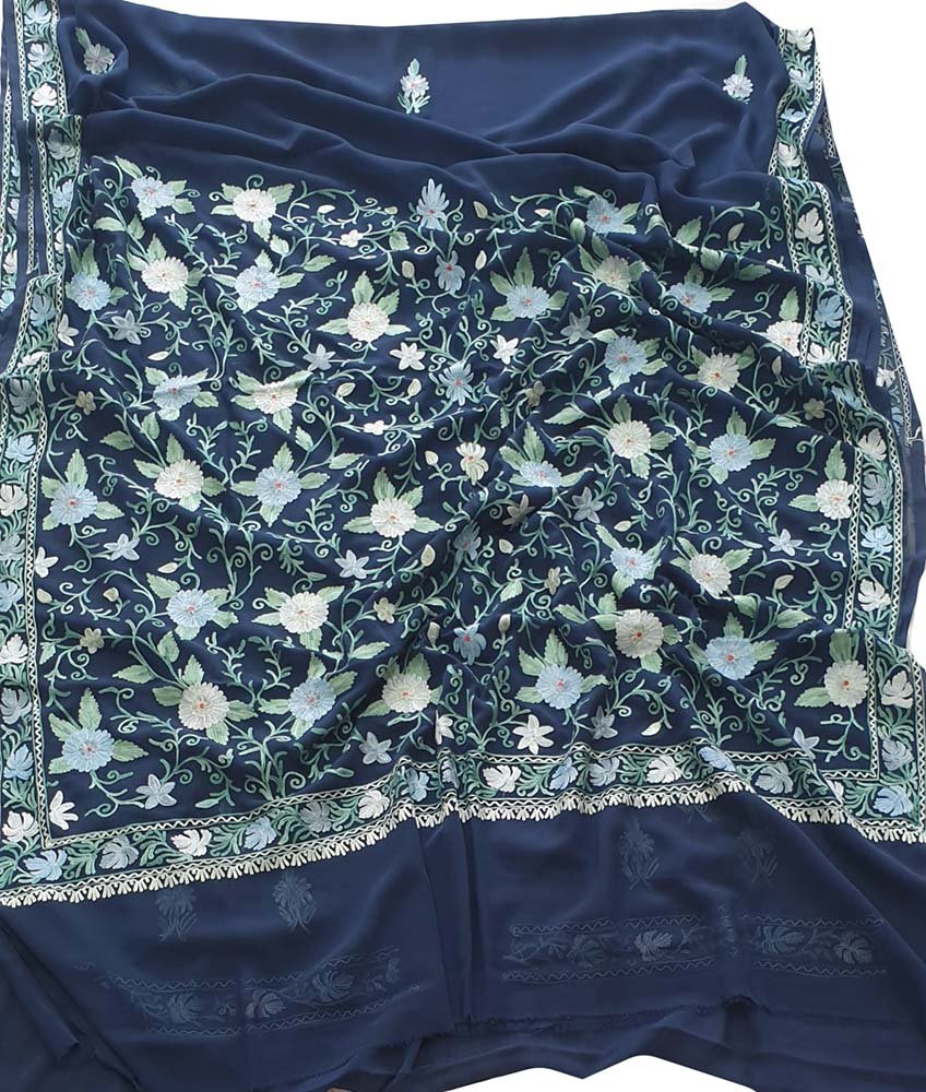 Blue Embroidered Kashmiri Aari Work Georgette Floral Design Saree - Luxurion World