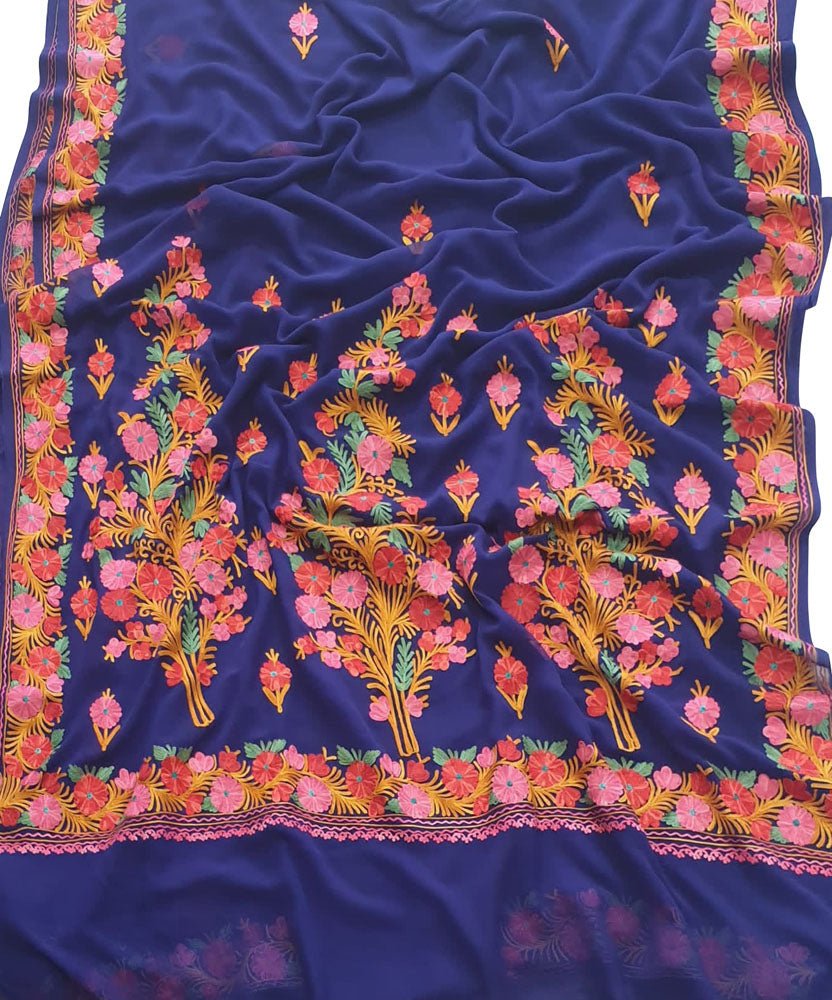 Blue Embroidered Kashmiri Aari Work Georgette Flower Design Saree - Luxurion World